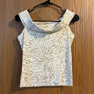 Vintage Y2K Tan and White Zebra and Cheetah Print Off the Shoulder Top